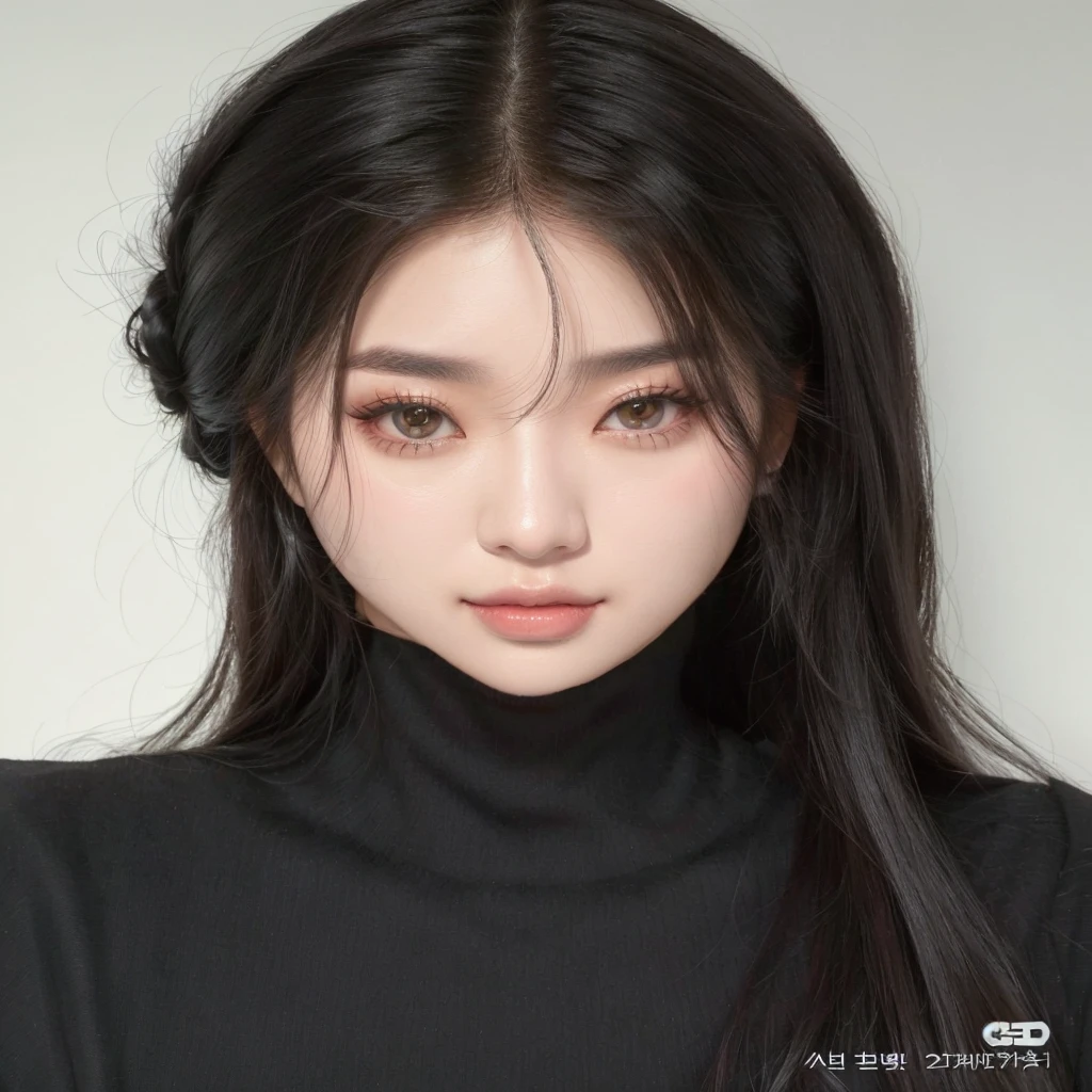 a close-up of a woman with long black hair and black turtle neck, ulzzang, garota gótica korean cruel, korean symmetrical face, maquiagem sul-korean popular, iu lee ji-eun as a supervillain, Jinyoung Shin, heonhwa choe, sakimichan, korean, Retrato de Jenni do Blackpink, linda mulher sul-korean