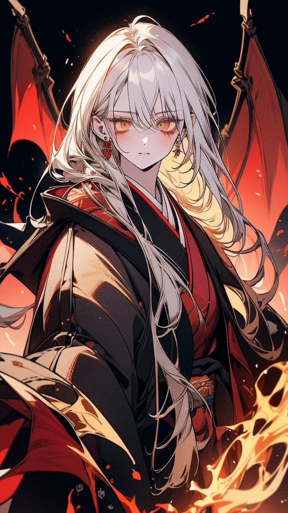 (Top resolution、Distinct_image)top-quality、A Japanese dragon girl 、​masterpiece、highly detailed, half body, Semi-realistic、yellow eyes 、18year old, white hair,young 、Exquisite facial features、Facial features ,variation potrait, long  hairstyles, teenage, cool , cold sharp eyes, An expression of despair., lifeless eyes, blood on face, , {Very detailed 8k CG unit wallpaper}, Handsome, solo, female, vampires, dark cloak , loyalty ,Japanese kimono, have dragon horns, 
Sword, detailed eyes, beautiful eyes