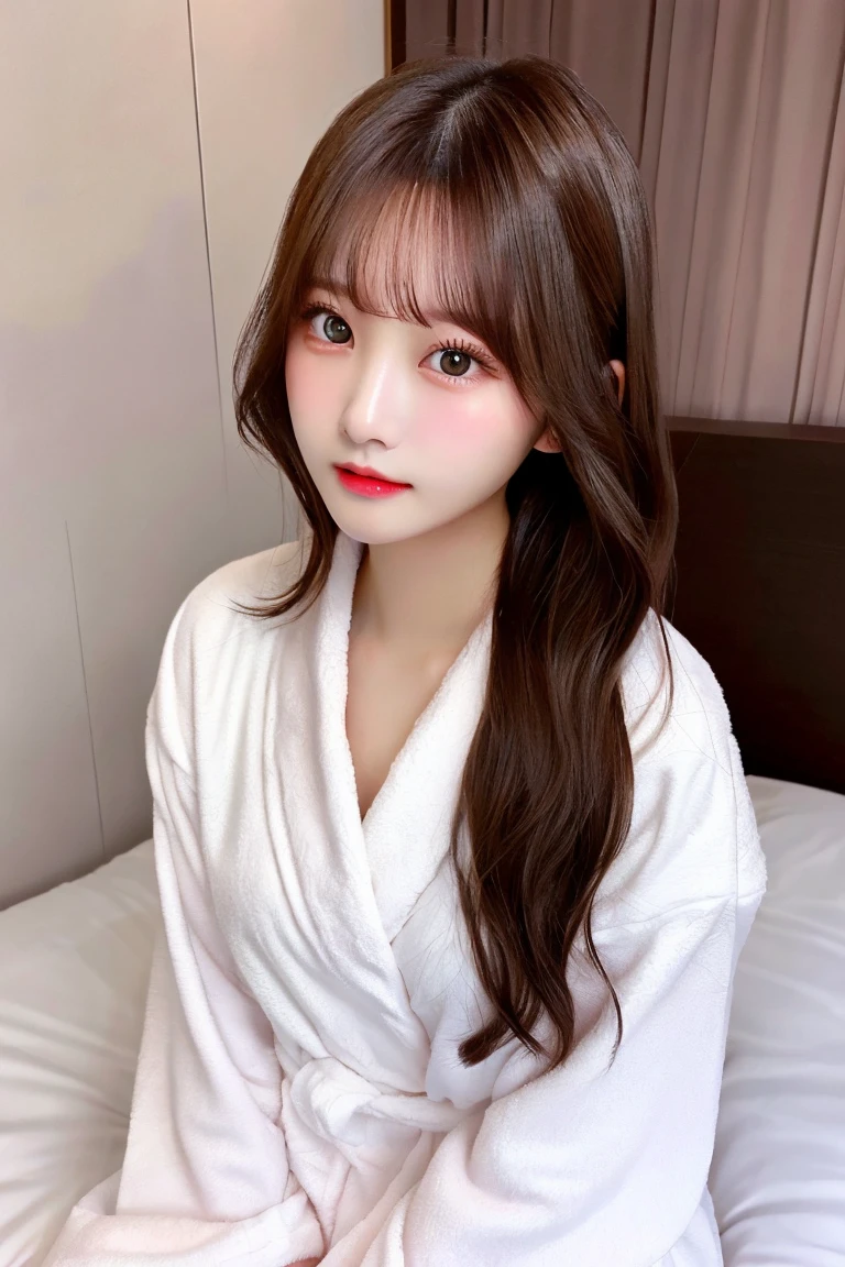 8K highest quality、(beautiful)、woman、Brown Hair、22 years old、Semi-short hair、Big Eyes、Natural Lip、Gal、Fine skin、Brown eyes、Embarrassed、bed、White bathrobe