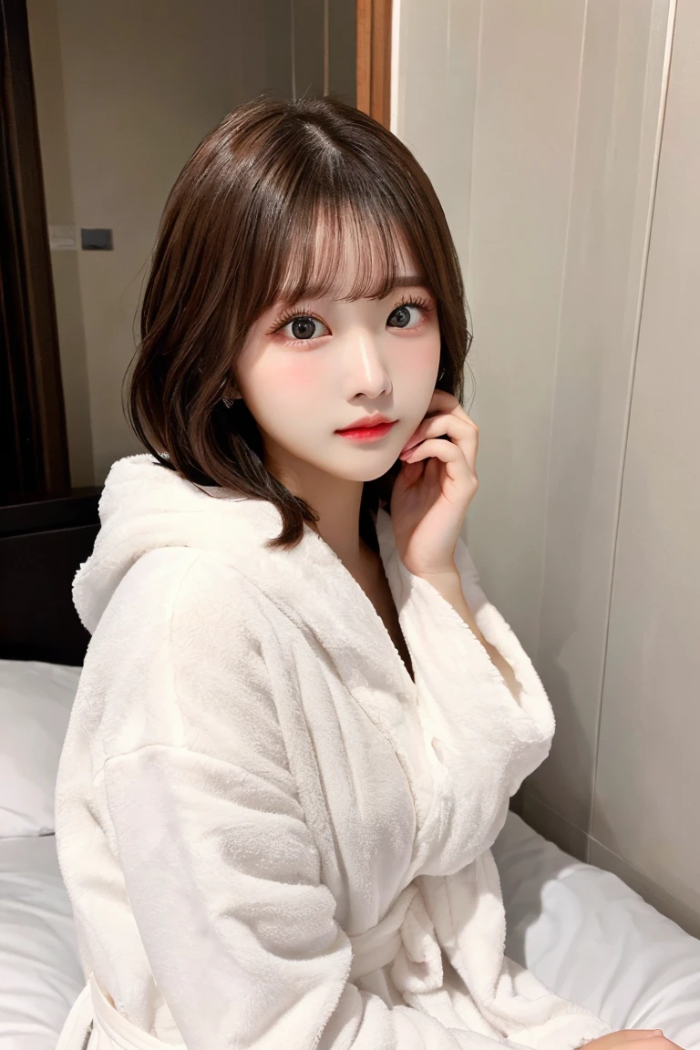 8K highest quality、（beautiful）、woman、Brown Hair、22 years old、Semi-short hair、Big Eyes、Natural Lip、Gal、Fine skin、Brown eyes、Embarrassed、bed、White bathrobe