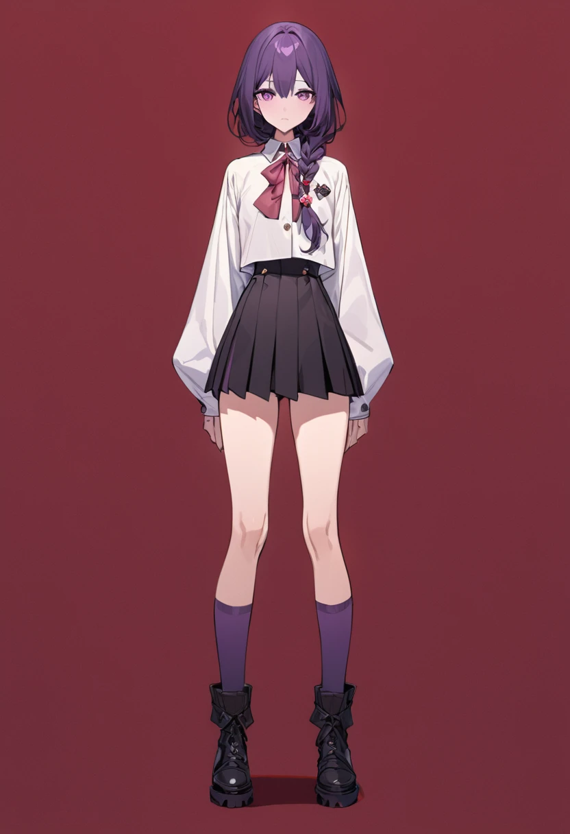 masterpiece, (bestquality), highlydetailed, cold, calm, gentle, expressionless, solo, (1 adult female), dark purple hair, very long single braid, bright purple eyes, (((detailed eyes))), (white collared shirt with white furisode sleeves), thin red bow tie under the collar, (diamond-shaped pin on the front of the bow), (black high-waisted pleated skirt), dark purple high socks, black ankle boots, (simple earthy red background), ((empty background)), full body, standing
