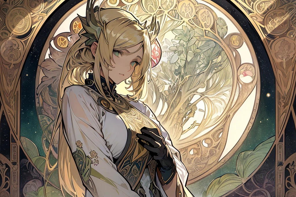 ((Alphonse Mucha "Zodiac" style)), (ink painting), (sharp sketch), art nouveau, Blonde short bob, (Long sideburns), Green eyes, vertical pupil, soro, flat chest, Black Dress, (Gloves that cover from the tips of the fingers to the upper arm), The design of the universe behind, The design of mandala behind, The design of yellow tentacles behind