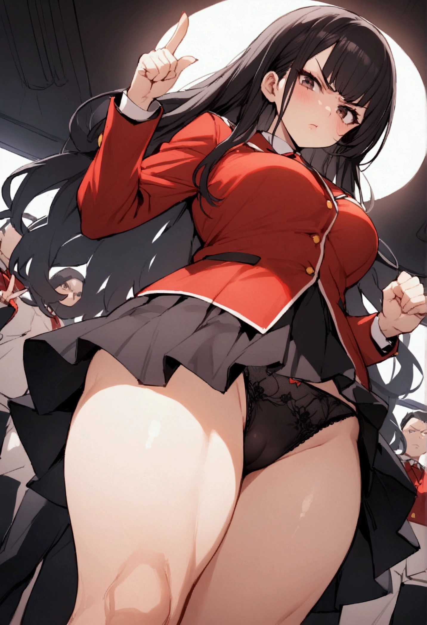 One Woman、beautiful girl, Highest quality, Thick thighs、Big 、Big Ass、Black Hair、long hair、Bangs、Red blazer uniform、Angle from directly below、Intimidating attitude、Angry、School、gym、On stage、Pointing finger at the viewer、bellow、Knee socks、Black panties、A large number of students