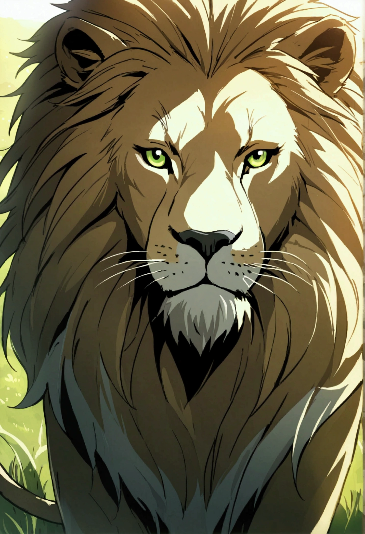 Detailed anime drawing of a lion with an elegant aura, nice mane, And the green eye runs through the meadow by itself, smile