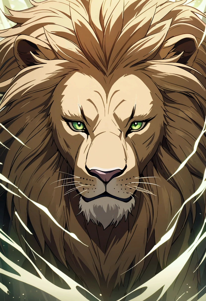 Detailed anime drawing of a lion with an elegant aura, nice mane, And the green eye runs through the meadow by itself, smile