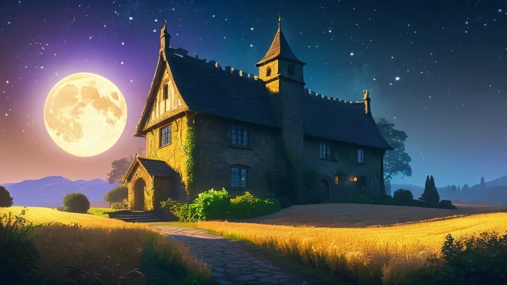 distant view of a small, charming cottage nestled in the middle of a golden wheatfield, softly illuminated by the moonlight. The cottage has rustic stone walls, a thatched roof, and ivy climbing up the sides. Warm light spills from the small windows, hinting at a cozy fire inside. Surrounding the wheatfield are towering, ancient oak trees, their shadows creating a mystical ambiance. In the background, a majestic castle with tall spires and glowing windows peeks through the treetops, adding a touch of medieval fantasy. The night sky is filled with twinkling stars and a bright, full moon, casting a serene, magical glow over the entire scene.