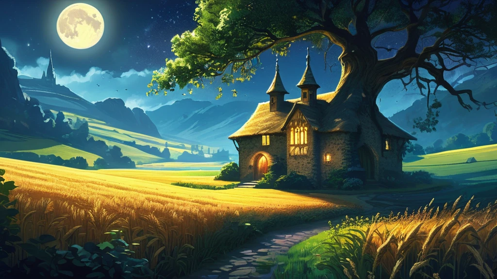 distant view of a small, charming cottage nestled in the middle of a golden wheatfield, softly illuminated by the moonlight. The cottage has rustic stone walls, a thatched roof, and ivy climbing up the sides. Warm light spills from the small windows, hinting at a cozy fire inside. Surrounding the wheatfield are towering, ancient oak trees, their shadows creating a mystical ambiance. In the background, a majestic castle with tall spires and glowing windows peeks through the treetops, adding a touch of medieval fantasy. The night sky is filled with twinkling stars and a bright, full moon, casting a serene, magical glow over the entire scene.