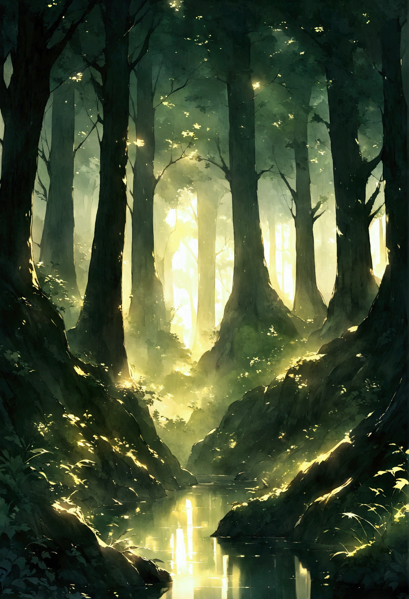 Amazing works of art,Ancient forest at dusk,The towering trees bathe in soft,The light shines through the leaves, peaceful