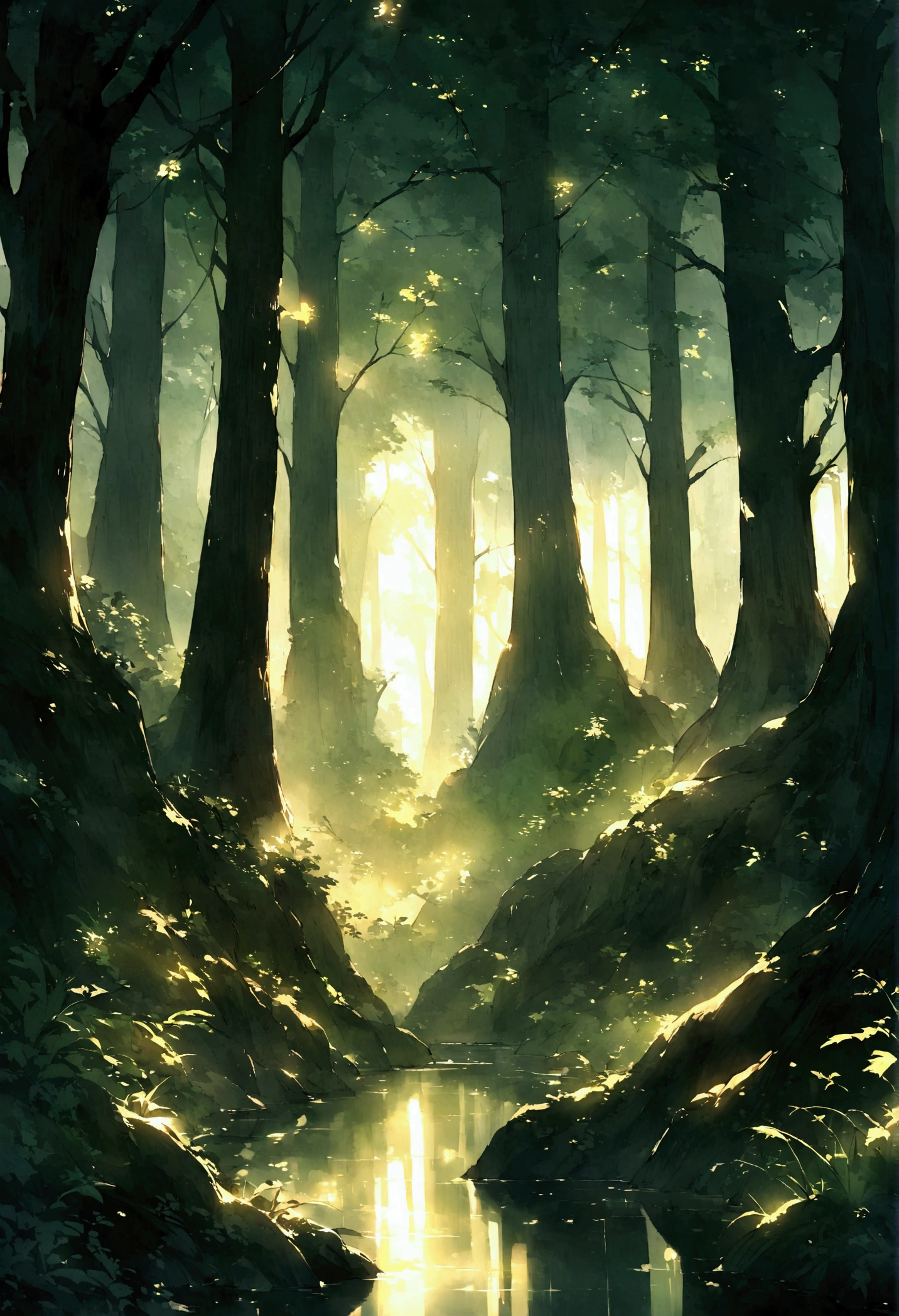 Amazing works of art,Ancient forest at dusk,The towering trees bathe in soft,The light shines through the leaves, peaceful