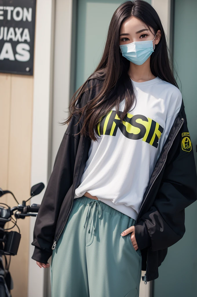 Girl with a fre fire style mask and long pants with an asssa on the pants 
