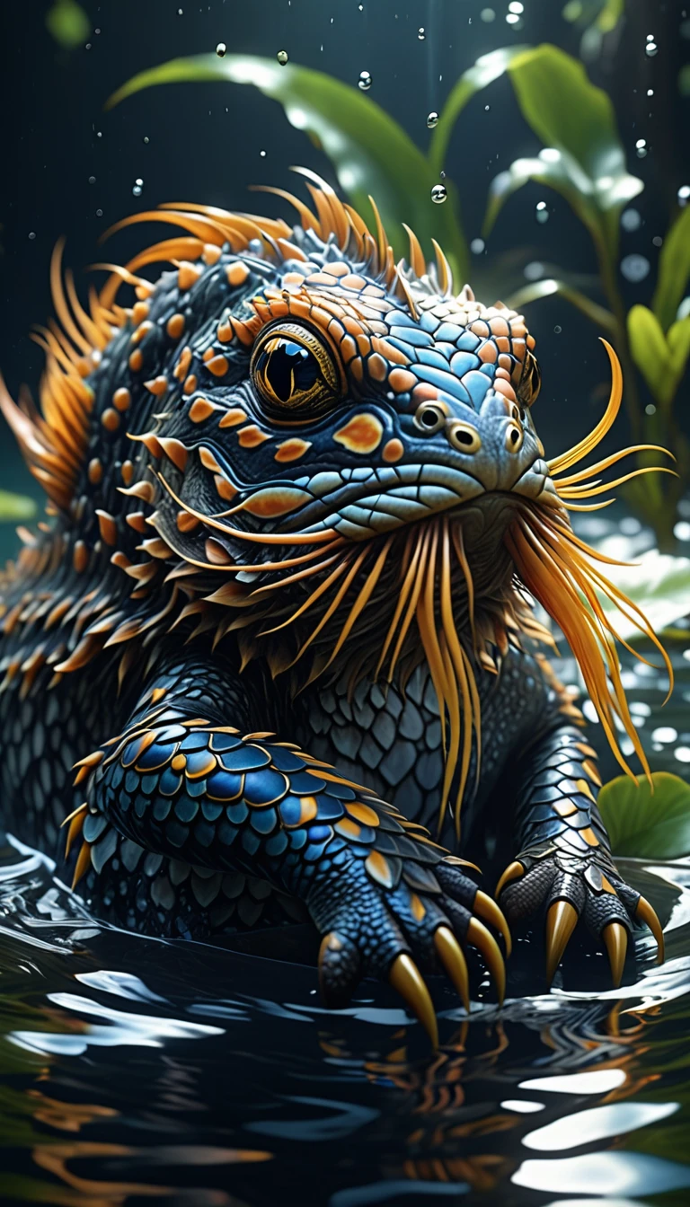 There is a creature growing in the water,(best quality,4K,8k,High level,masterpiece:1.2),Ultra Detailed,(lifelike,Photo real,Photo real:1.37),Highly detailed animals,Complex patterns,Realistic lighting,Fantasy Creatures