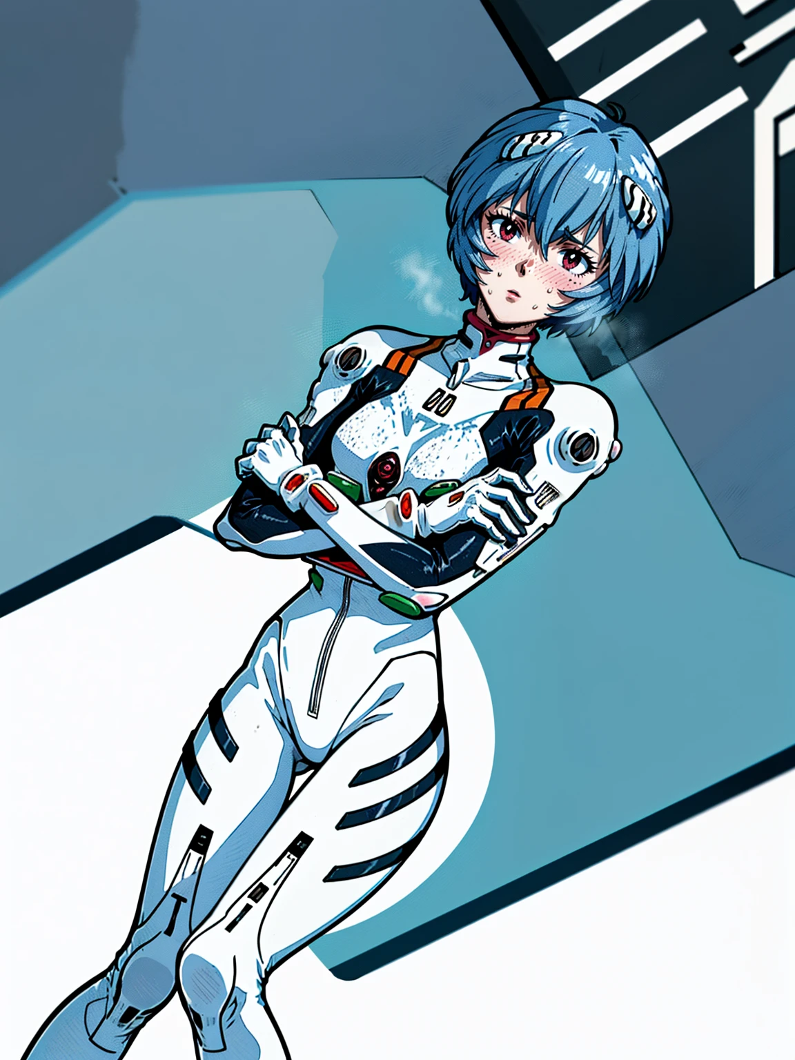 ((Highest quality, 8k wallpaper)),(masterpiece, Highest quality),Very detailed,High resolution,(Official Art:1.3),(((Anime screenshots,Black outline))),One girl,alone, Break mer1,(Rei Ayanami {Neon Genesis Evangelion,}1.2),masterpiece, best quality, outdoor, 1girl, Solo,red eyes,short hair,blue hair, (White plug suit, skintight:1.4), , (((knees together feet apart, holding own arms, bent legs:1.2))), (Covered in sweat, Mass sweat, Sweating profusely:1.1), 