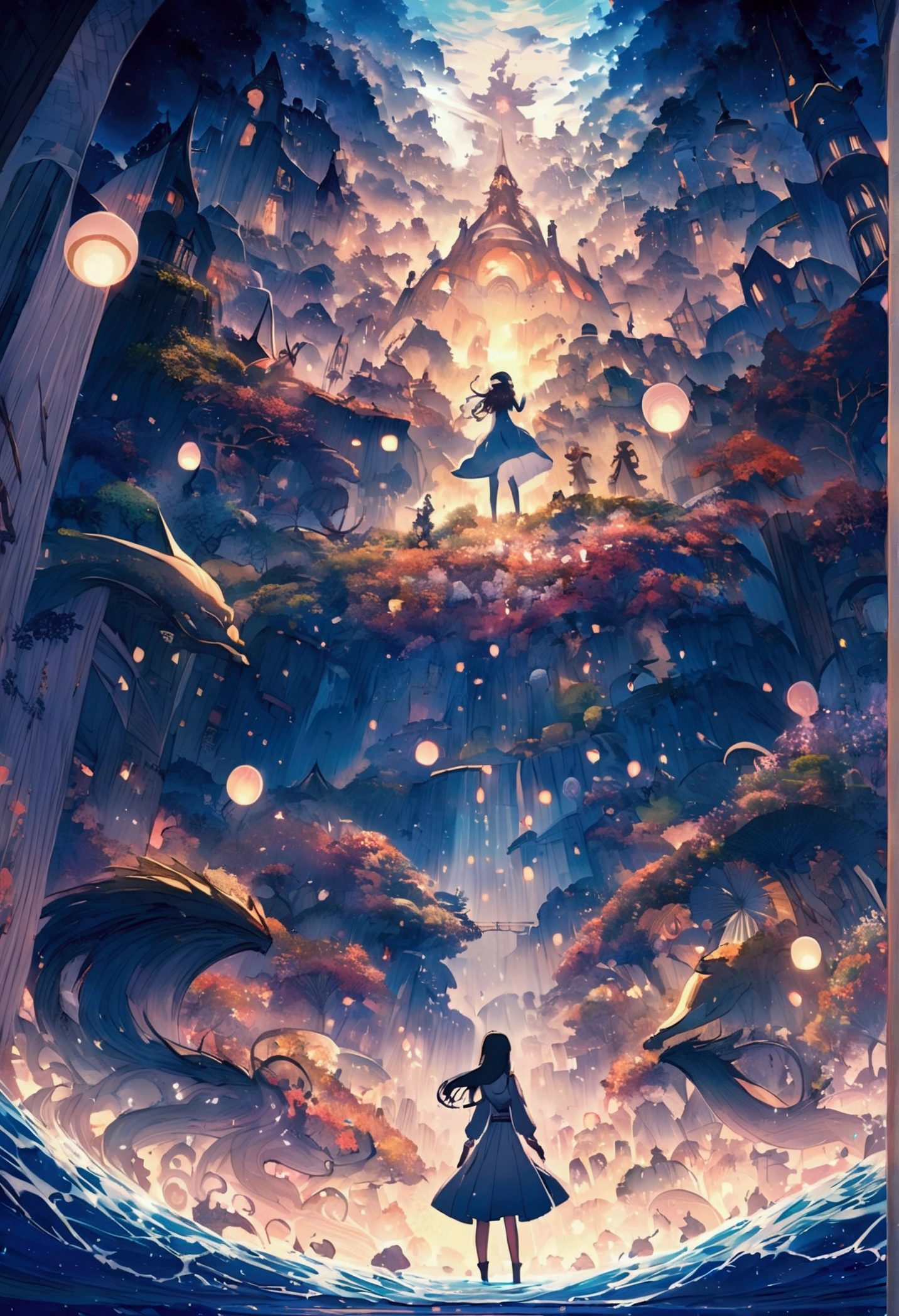 Draw an inspiring girl,Keep exploring in the ocean of knowledge,Japanese anime style,Height ratio 16:9
