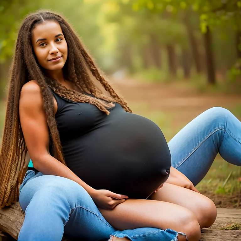 Extremely pregnant young hippy woman