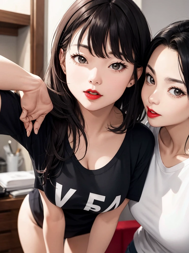realisticlying、single 45-year-old girls、T-shirt wearing，Face enhancement，Chest super large zoom，Cleavage emphasis，Looking up from the bottom，Blushing，Red lips，A sexy，standing，Open your mouth wide、Put your arms around the back of your head、Wearing underwear,full body shot