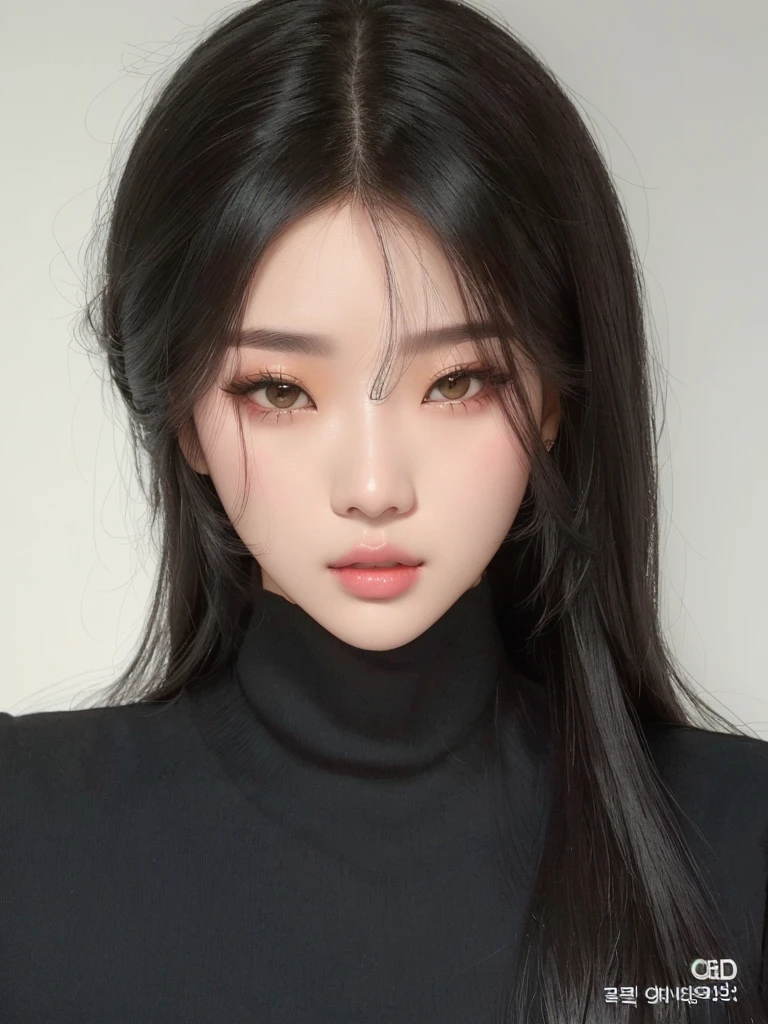 a close-up of a woman with long black hair and black turtle neck, ulzzang, garota gótica korean cruel, korean symmetrical face, maquiagem sul-korean popular, iu lee ji-eun as a supervillain, Jinyoung Shin, heonhwa choe, sakimichan, korean, Retrato de Jenni do Blackpink, linda mulher sul-korean