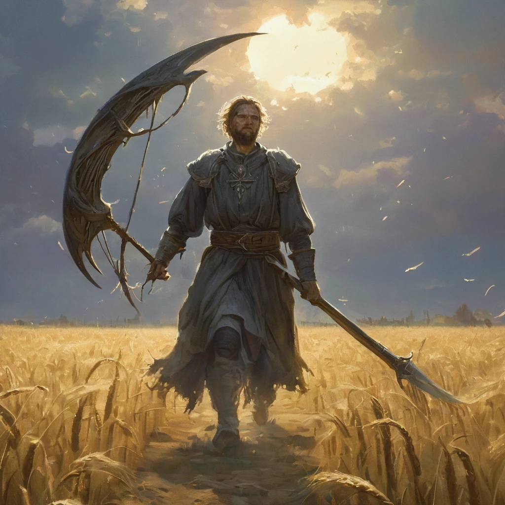 As the setting sun casts a golden hue over the endless expanse of wheat, a lone figure moves with steady determination through the field. His short, curly brown hair catches the last rays of light, giving it a fiery glint against the backdrop of swaying stalks.
Clad in humble attire befitting a medieval farmer—rough-spun trousers and a tunic weathered by years of toil—he carries a scythe slung over his shoulder, its blade reflecting the fading sunlight. A leather belt cinches his waist, holding pouches of seeds and tools of his trade.
Around him, the wheat whispers tales of prosperity and hardship, its amber waves stretching towards the darkening sky. The air is thick with the scent of harvest and the distant promise of rain.
Despite the peaceful scene, shadows linger at the edges of the field, hinting at unseen dangers lurking beyond the safety of the crops. Perhaps he tends this field not just for sustenance, but as a guardian against ancient curses or malevolent spirits that stir beneath the earth.
With each step he takes, he embodies the resilience and fortitude of those who till the land in this realm of dark medieval fantasy—a world where even the simplest of tasks may hold the key to survival amidst forces both natural and supernatural."