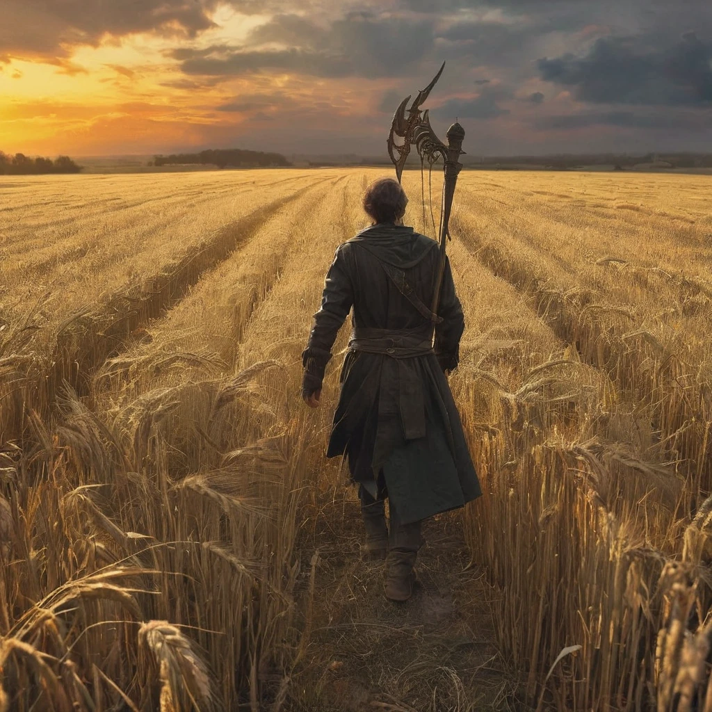 As the setting sun casts a golden hue over the endless expanse of wheat, a lone figure moves with steady determination through the field. His short, curly brown hair catches the last rays of light, giving it a fiery glint against the backdrop of swaying stalks.
Clad in humble attire befitting a medieval farmer—rough-spun trousers and a tunic weathered by years of toil—he carries a scythe slung over his shoulder, its blade reflecting the fading sunlight. A leather belt cinches his waist, holding pouches of seeds and tools of his trade.
Around him, the wheat whispers tales of prosperity and hardship, its amber waves stretching towards the darkening sky. The air is thick with the scent of harvest and the distant promise of rain.
Despite the peaceful scene, shadows linger at the edges of the field, hinting at unseen dangers lurking beyond the safety of the crops. Perhaps he tends this field not just for sustenance, but as a guardian against ancient curses or malevolent spirits that stir beneath the earth.
With each step he takes, he embodies the resilience and fortitude of those who till the land in this realm of dark medieval fantasy—a world where even the simplest of tasks may hold the key to survival amidst forces both natural and supernatural."