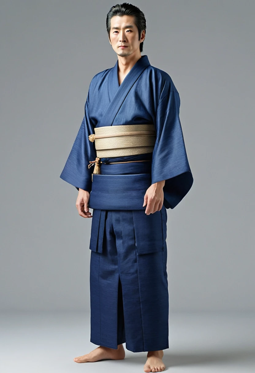 Japanese man wearing a plain blue kimono、whole body、Standing posture、Ultra-realistic、３０age、high resolution、masterpiece