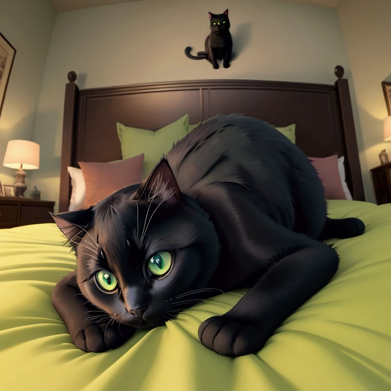 (masterpiece, best quality, vivid colors), An black cat with green eyes on a bed with cushions, (only), light green eyes, very detailed and beautiful eyes, fat cat, lying on her back above, anime screencap, the background is a room, high detail, high resolution, UHD, 4K, 8K
