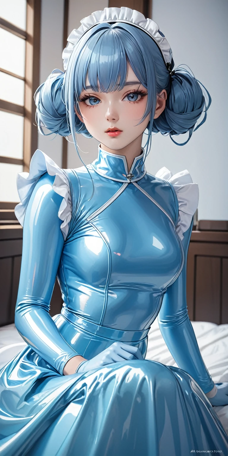 Portraiture、(masterpiece,Highest quality,Ultra-high resolution),Japanese women, (((Very beautiful 25 year old girl))),(Pale blue latex maid outfit)、(Pale blue latex long skirt)、(A long-sleeved latex shirt that covers the upper body)、Light blue latex gloves、Light blue latex socks、Pale blue latex bodysuit、Frills、Latex is very shiny