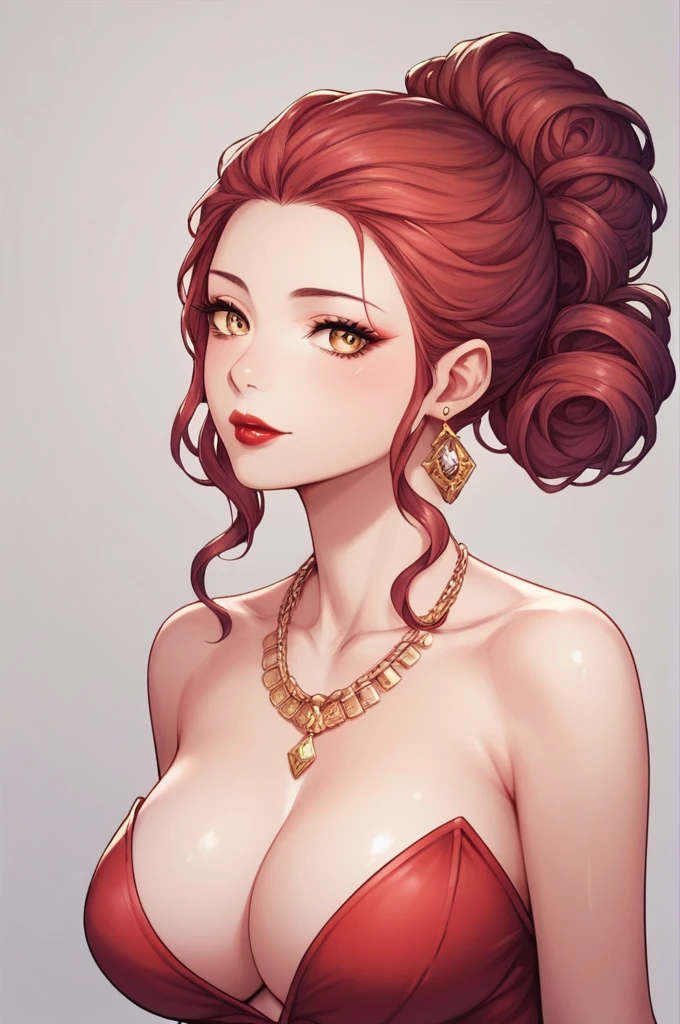 score_9, score_8_up, score_7_up, score_6_up, score_5_up, score_4_up, yu hee, gold eyes, red curly hair, large breasts, hanfu, bare shoulders, necklace,drop dangle earrings,long earrings,red lipstick , detailed eyes ,bare legs,hair bun,