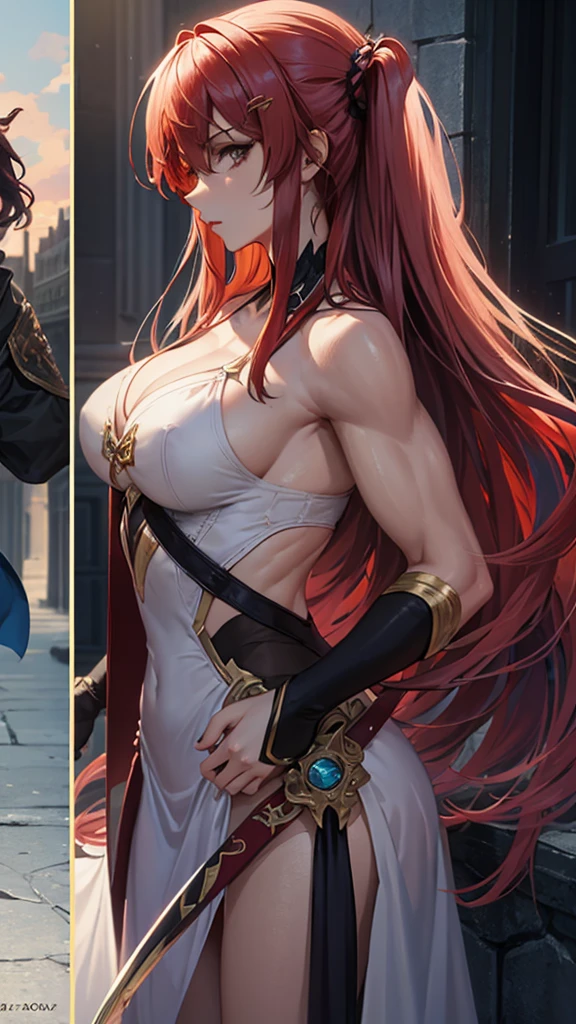 (masterpiece, 4K ,Super detailed:1.2), (anime:1), (Perfect quality), The whole body is shown, View Viewer, Swordsman, tall, Desperate look, Ultra violent women, Red hair, Powerfully々And, RPG concept art character, Elegant appearance, Muscular