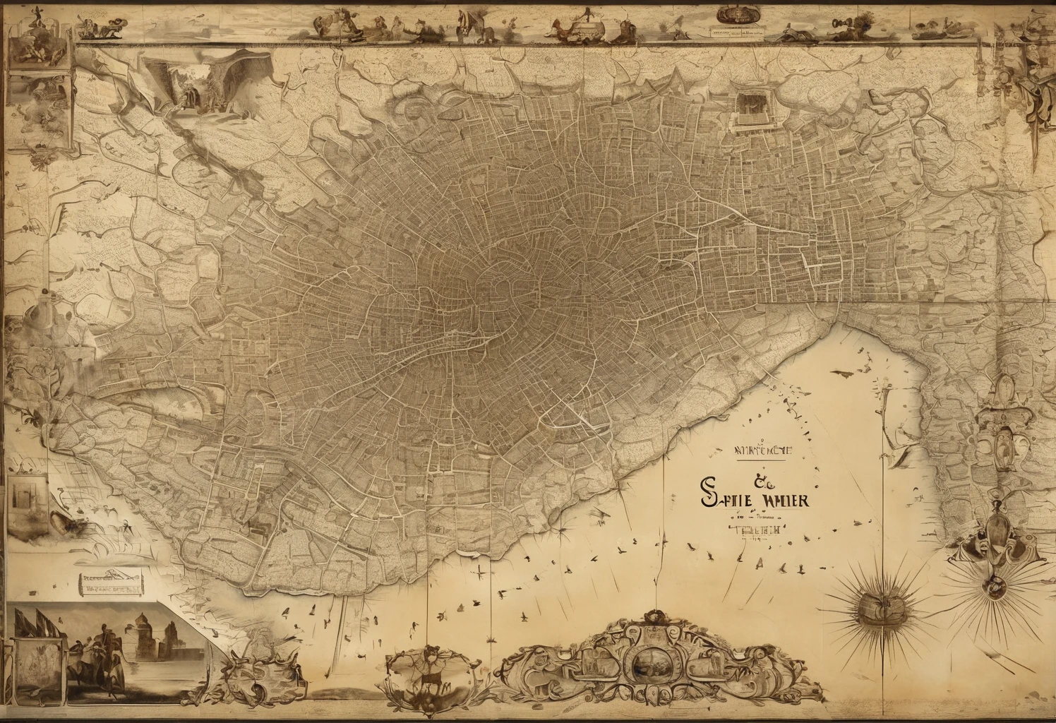 "Elegant antique map of ancient Nineveh, bird's eye view, intricate details, parchment texture, sepia tones, ornate border, calligraphy labels, Assyrian architectural symbols, river Tigris, city walls, palaces, temples, hanging gardens, digital art, highly detailed, sharp focus, artstation, cinematic lighting"
