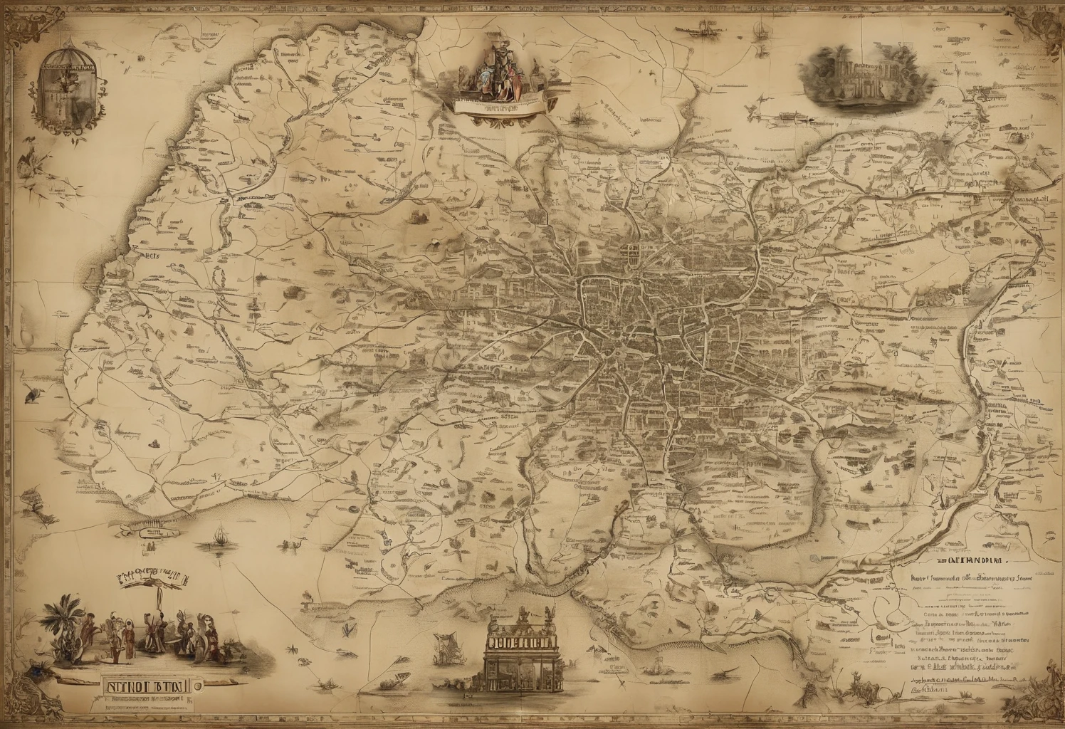 "Elegant antique map of ancient Nineveh, bird's eye view, intricate details, parchment texture, sepia tones, ornate border, calligraphy labels, Assyrian architectural symbols, river Tigris, city walls, palaces, temples, hanging gardens, digital art, highly detailed, sharp focus, artstation, cinematic lighting"
