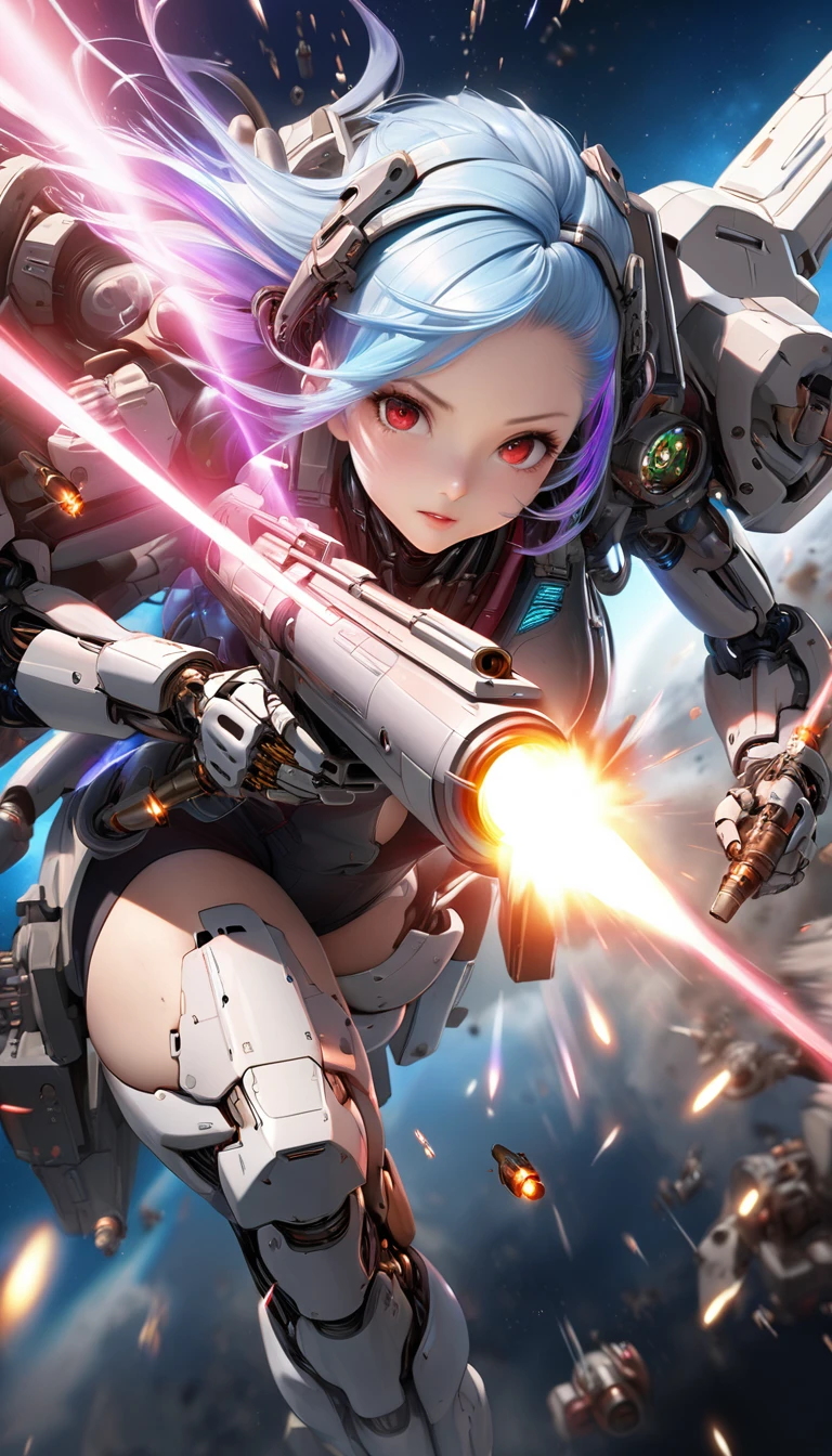 Attractive woman, gunner, cyborg, Realistic Baby,
break: Attractive womanの体, Detailed and precise mechanical joints, A seamless fusion of human beauty and precision machinery, Mature adult sex appeal,
break Detailed and realistic skin texture, precision mechanical joint, Smooth-moving parts, Pneumatic hose, Alluring cleavage,
break Clear Red Eyes, Aesthetic illumination,
break Transparent full color, Holographic Hair, Smooth expression,
break Ultra-realism, Detailed and realistic skin texture, Fine and exquisite texture, Detailed and precise brushwork, Detailed and vivid depiction, Anatomically correct, Absurd aesthetics,
break Attack with a sophisticated and high-performance beam rifle, Approach the viewer while avoiding enemy attacks,
break Leaning forward to approach the viewer, Firing at the crowd, Oncoming Bullets, Motion blur to highlight approaching bullets'the trajectory of, Ready for battle,
break Space War, Aesthetic space combat, Transparent full color, Fantastic iridescent colors, Bold and powerful composition,
break: approaching to viewer, Motion blur for explosive acceleration, Rapid approach using combat flight modes, Beautifully detailed movements,
break Professional spray work, Highest qualityのレンダリング, Highest quality, Highest Resolution, superretinal vision,