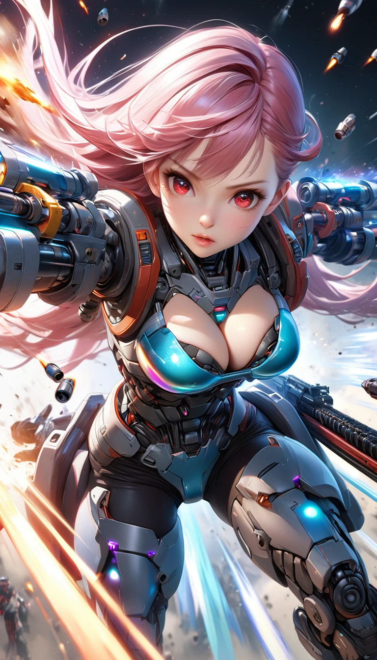 Attractive woman, gunner, cyborg, Realistic Baby, 
break: Attractive womanの体, Detailed and precise mechanical joints, A seamless fusion of human beauty and precision machinery, Mature adult sex appeal, 
break Detailed and realistic skin texture, precision mechanical joint, Smooth-moving parts, Pneumatic hose, Alluring cleavage, 
break Clear Red Eyes, Aesthetic illumination, 
break Transparent full color, Holographic Hair, Smooth expression, 
break Ultra-realism, Detailed and realistic skin texture, Fine and exquisite texture, Detailed and precise brushwork, Detailed and vivid depiction, Anatomically correct, Absurd aesthetics, 
break Attack with a sophisticated and high-performance beam rifle, Approach the viewer while avoiding enemy attacks, 
break Leaning forward to approach the viewer, Firing at the crowd, Oncoming Bullets, Motion blur to highlight approaching bullets&#39;the trajectory of, Ready for battle, 
break Space War, Aesthetic space combat, Transparent full color, Fantastic iridescent colors, Bold and powerful composition, 
break: approaching to viewer, Motion blur for explosive acceleration, Rapid approach using combat flight modes, Beautifully detailed movements, 
break Professional spray work, Highest qualityのレンダリング, Highest quality, Highest Resolution, superretinal vision, 