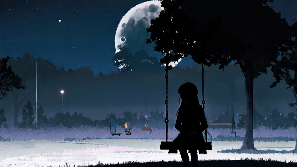 Eerie Illustration.
Make a night view of a park on a star-filled night.
A girl with long, straight hair sits on a swing in the corner of the screen, silhouetted against a large crescent moon.
There is other playground equipment.
The mood should be mysterious, with elements of serenity and eeriness mixed in.
A little horror.