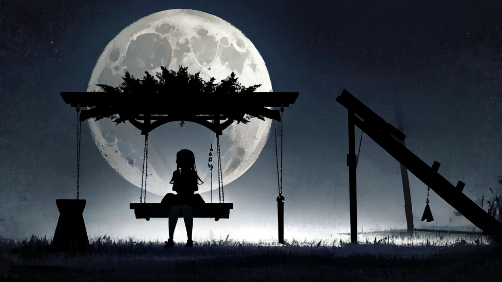 Eerie Illustration.
Make a night view of a park on a star-filled night.
A girl with long, straight hair sits on a swing in the corner of the screen, silhouetted against a large crescent moon.
There is other playground equipment.
The mood should be mysterious, with elements of serenity and eeriness mixed in.
A little horror.