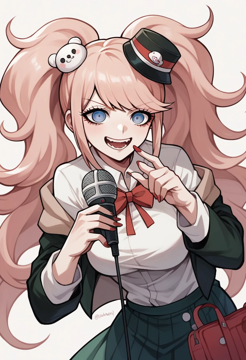 Anime girl with long hair and a hat holding a microphone., a pixiv anime drawing, Something, I will also make fanart., sh, yuruyuri, Sakura Haruno, squid girl female pink humanoid, Junko Enoshima de danganronpa, Junko Enoshima