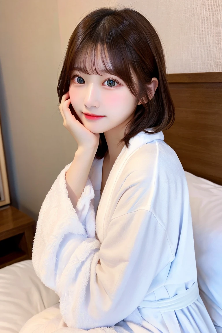 8K highest quality、(beautiful)、woman、Brown Hair、22 years old、Semi-short hair、Natural Makeup、Gal、Fine skin、Brown eyes、Embarrassed、bed、White bathrobe