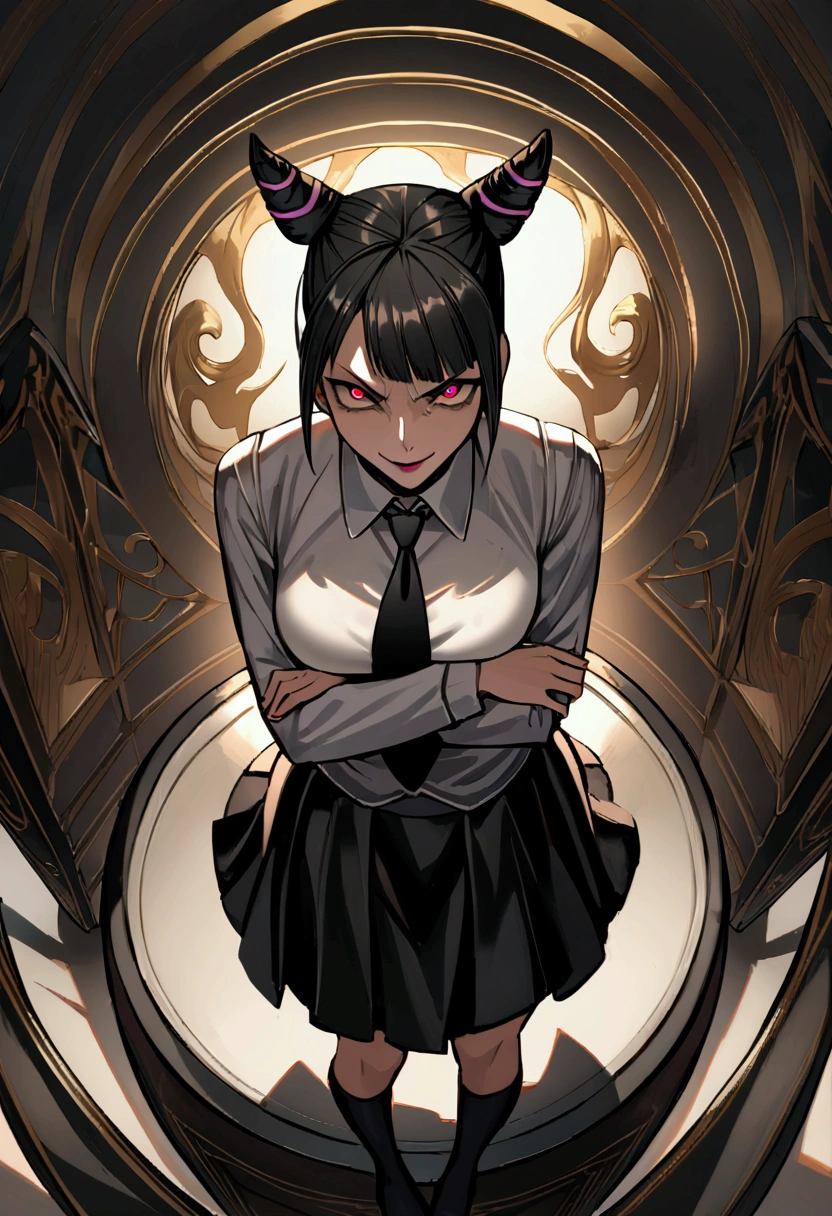 Juri Han, work of art, fitted white secretary shirt with black tie, very short black skirt, skirt short,sock, Bblack hair, socks pretas,Evil smile,tabletop,bangs on the eyes,Lighting,hair horn,from above view,,crossed arms
