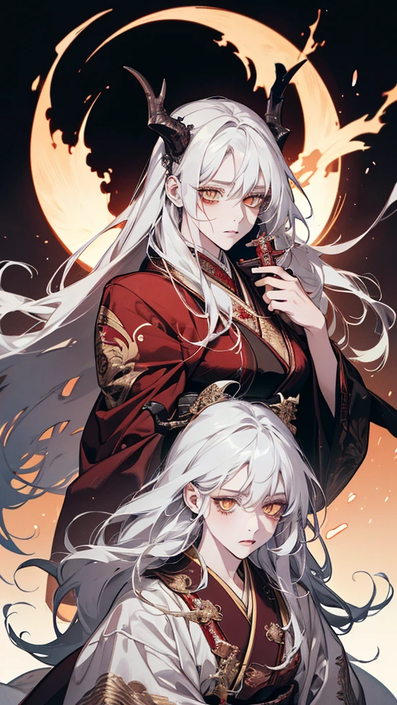 (Top resolution、Distinct_image)top-quality、A Japanese dragon girl 、​masterpiece、highly detailed, half body, Semi-realistic、yellow eyes 、18year old, white hair,young 、Exquisite facial features、Facial features ,variation potrait, long  hairstyles, teenage, cool , cold sharp eyes, An expression of despair., lifeless eyes, blood on face, , {Very detailed 8k CG unit wallpaper}, Handsome, solo, female, vampires, dark cloak , loyalty ,Japanese kimono, have dragon horns, 
Sword, detailed eyes, beautiful eyes