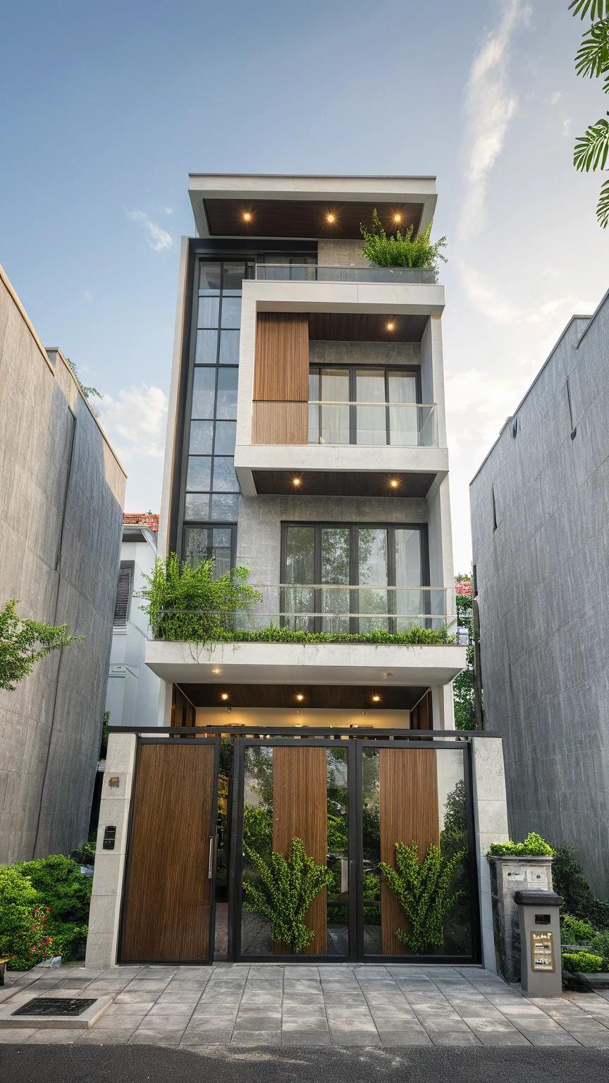 modern villa on street, (daylight), tropical tree, green shrub and plants, vivid color, streetcapes, minimalist design, brigth grey tone, (large glass door:1.2), warm interior lighting, modern material, best quality, ultra realistic, masterpiece, 
