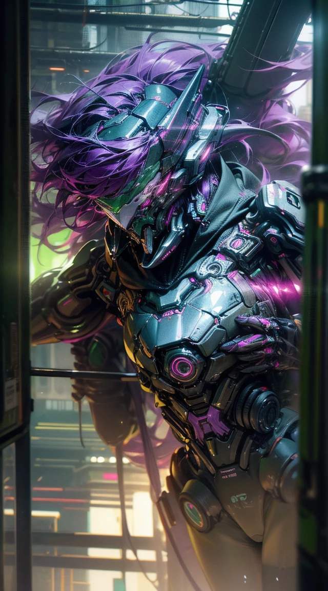 Femmes loups robots, guapo, green and purple color,Liquid,sidelight ,neon,(( cyberpunk )),((8k, uhd, ultra realistic))