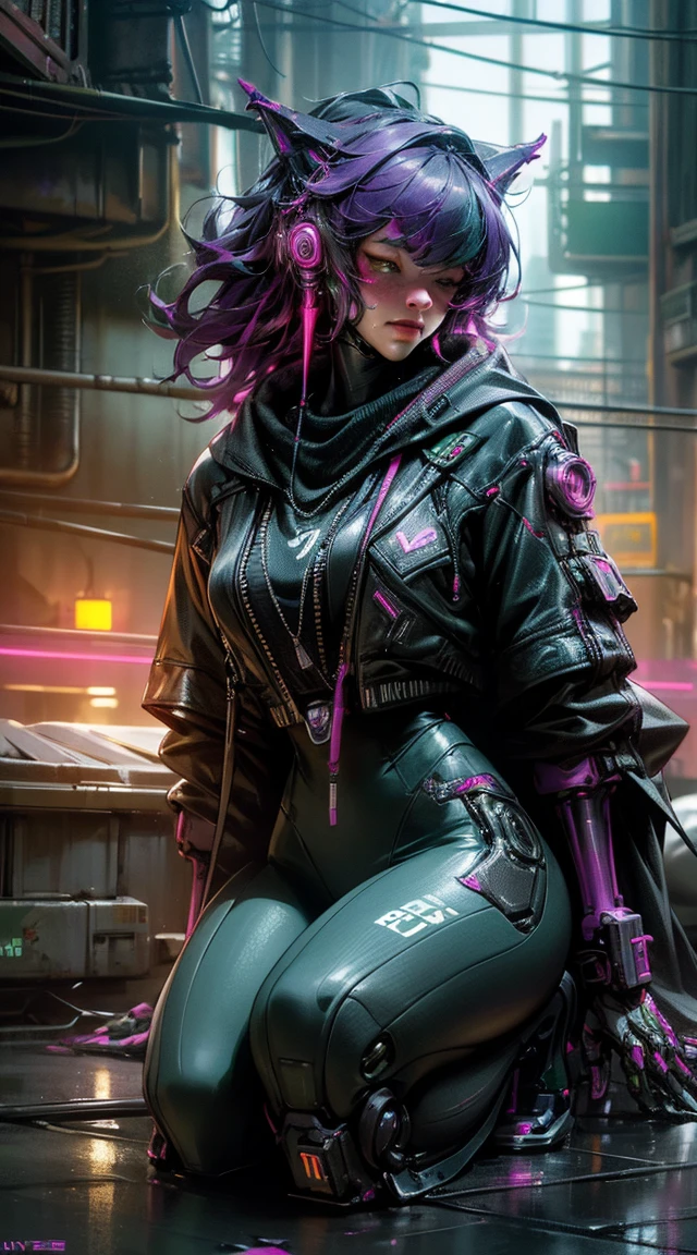 Femmes loups robots, guapo, green and purple color,Liquid,sidelight ,neon,(( cyberpunk )),((8k, uhd, ultra realistic))