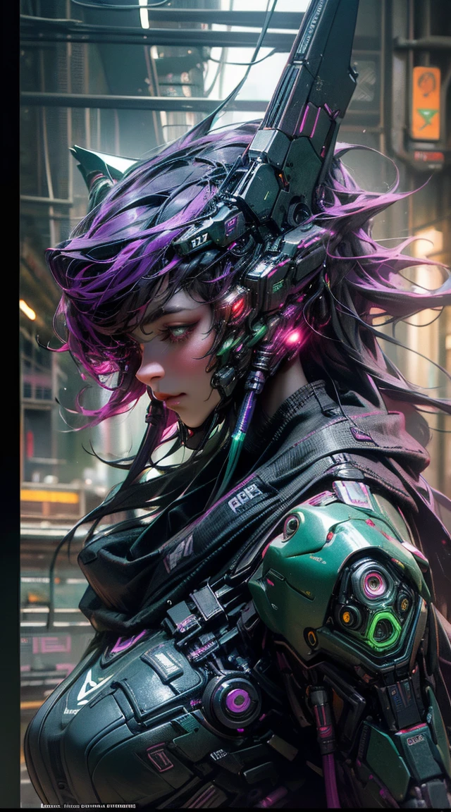 Femmes loups robots, guapo, green and purple color,Liquid,sidelight ,neon,(( cyberpunk )),((8k, uhd, ultra realistic))