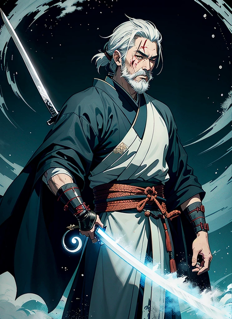 Isshin, the Sword Saint is a legendary warrior and the founder of the Ashina Clan. He is an old man with white hair and beard, wearing a blue kimono with black patterns and a white cloak. He carries a katana and a spear. He also has a gun hidden in his sleeve.
He awaits Sekiro in the great grass field where he first fought Genichiro Ashina, his grandson. The field is covered with blood and corpses of soldiers who died in the battle. The sky is dark and stormy, and lightning flashes occasionally. Isshin emerges from Genichiro’s body after he sacrifices himself to revive him using the Black Mortal Blade. He respects Sekiro as a worthy opponent and challenges him to a final duel for the fate of Ashina.
moon, dark theme, light, fantasy,
