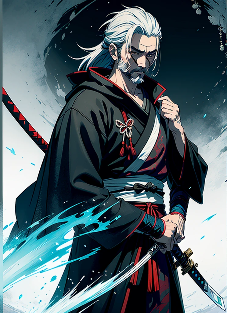 Isshin, the Sword Saint is a legendary warrior and the founder of the Ashina Clan. He is an old man with white hair and beard, wearing a blue kimono with black patterns and a white cloak. He carries a katana and a spear. He also has a gun hidden in his sleeve.

He awaits Sekiro in the great grass field where he first fought Genichiro Ashina, his grandson. The field is covered with blood and corpses of soldiers who died in the battle. The sky is dark and stormy, and lightning flashes occasionally. Isshin emerges from Genichiro’s body after he sacrifices himself to revive him using the Black Mortal Blade. He respects Sekiro as a worthy opponent and challenges him to a final duel for the fate of Ashina.
moon, dark theme, light, fantasy,
