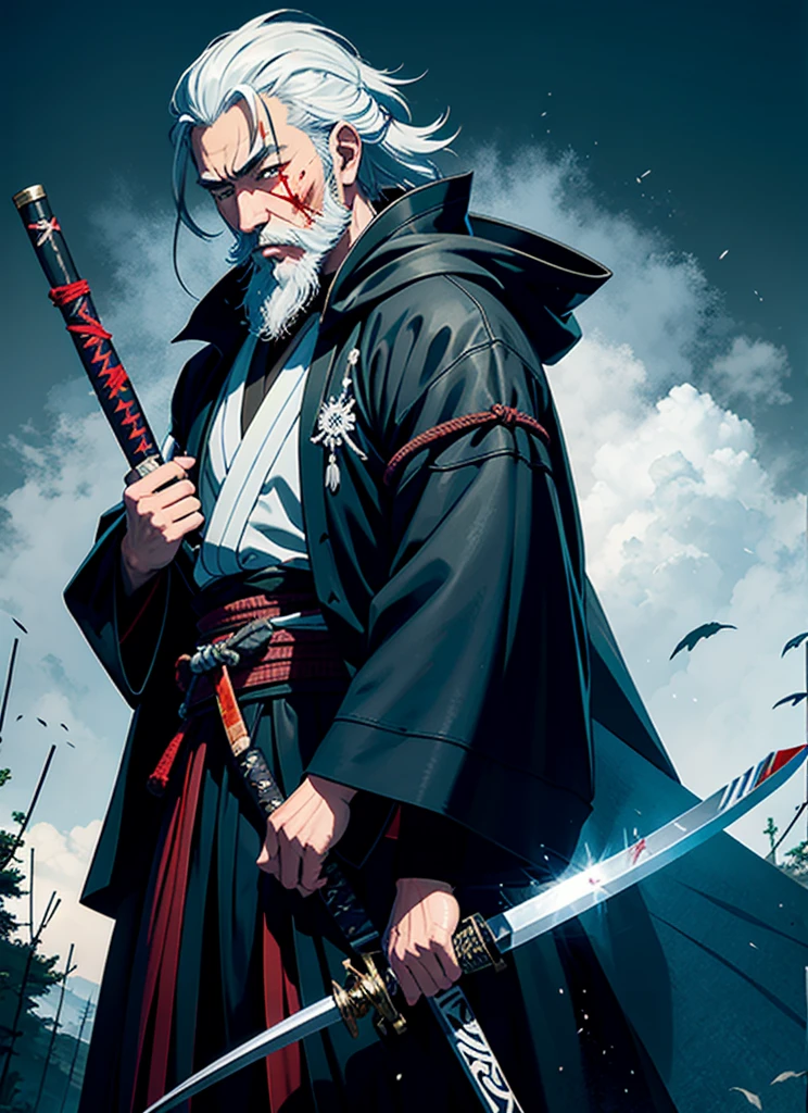 Isshin, the Sword Saint is a legendary warrior and the founder of the Ashina Clan. He is an old man with white hair and beard, wearing a blue kimono with black patterns and a white cloak. He carries a katana and a spear. He also has a gun hidden in his sleeve.
He awaits Sekiro in the great grass field where he first fought Genichiro Ashina, his grandson. The field is covered with blood and corpses of soldiers who died in the battle. The sky is dark and stormy, and lightning flashes occasionally. Isshin emerges from Genichiro’s body after he sacrifices himself to revive him using the Black Mortal Blade. He respects Sekiro as a worthy opponent and challenges him to a final duel for the fate of Ashina.
moon, dark theme, light, fantasy,