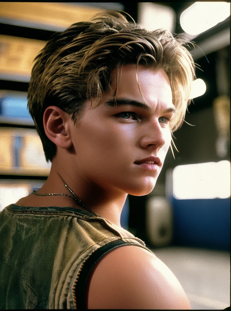 leodicap (Kodacolor Gold 100), (Canon Powershot), ((1996)), (1990s colors), (1990s style), (grunge movement), in a garage, intricate, fashion photography, medium shot, RAW photo, (high detailed skin:1.2), 8k uhd, dslr, soft lighting, high quality, film grain, Fujifilm XT3