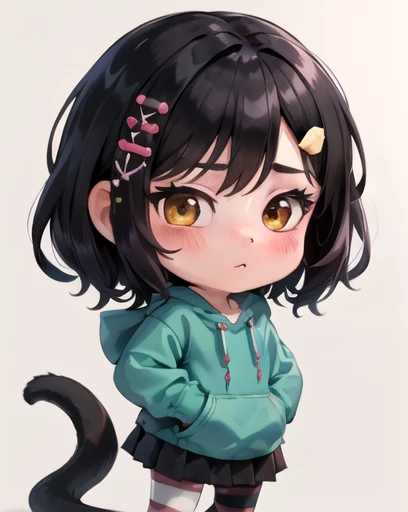 xyzvanellope, 1 girl, beautiful, Brown hair, long, high tail, portrait, Sweet, Alone, looking at the viewer, hair ornament, bow, striped, Chibi, hoodie, green hoodie, striped pantyhose, Skirt