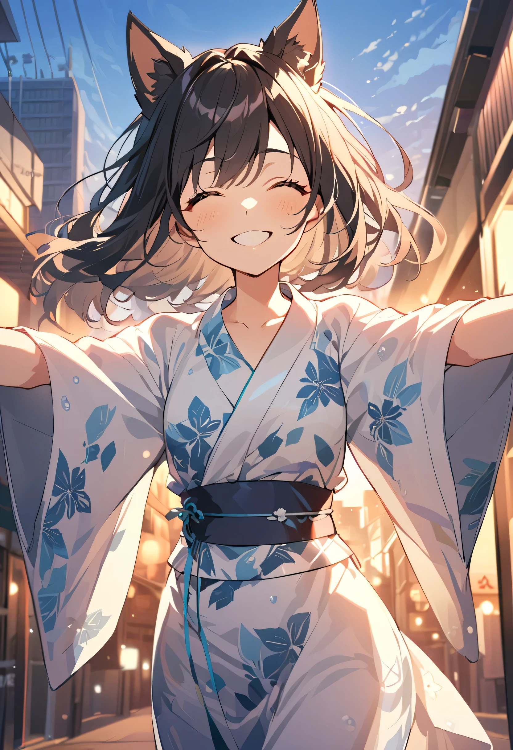 (morning), One Girl, alone, View your viewers, summer，evening, Cowboy Shot, (Downtown), Cowboy Shot, smile, Black Hair，yukata，Dog Ears，Open your arms，close your eyes，look up，