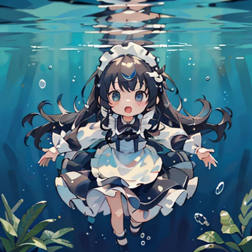 One girl,a bit、cute、(((Highest quality、masterpiece、Official Art、Dynamic configuration、Very detailed)))、a bit、Swimming underwater、Gothic maid outfit、Soaking wet、Forms、Hovering、I'm with open arms