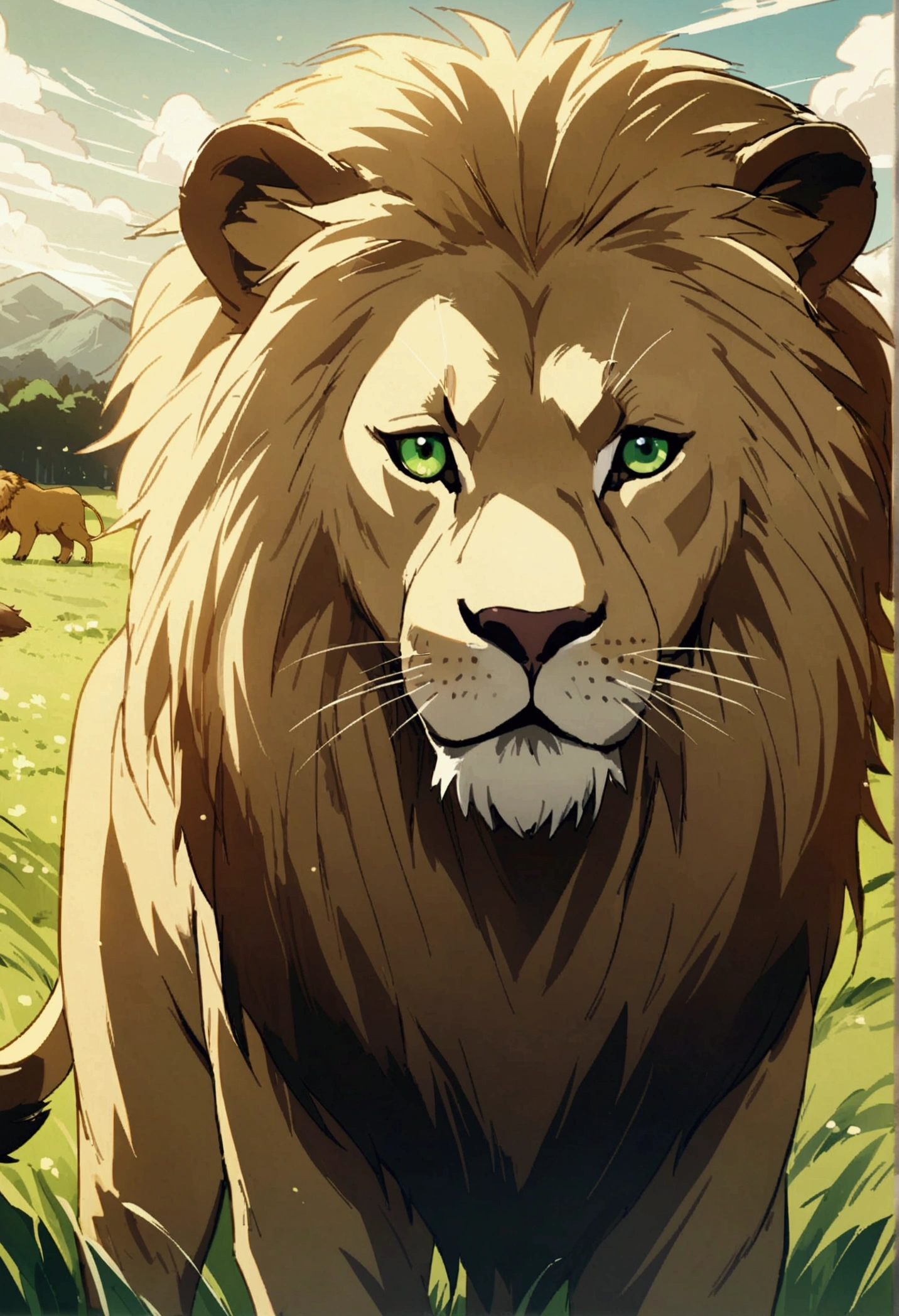 Detailed anime drawing of a lion, And the green eye runs through the meadow by itself, smile, animals behind,  