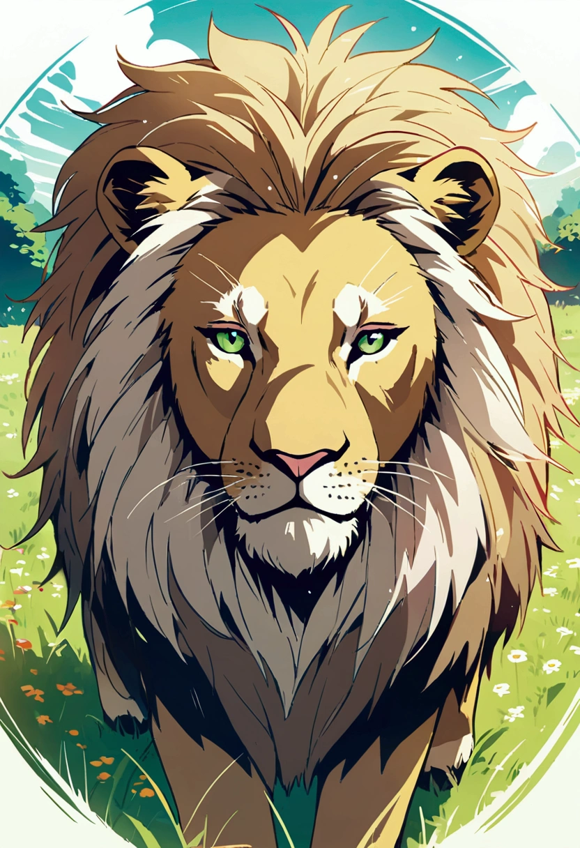 Detailed anime drawing of a lion, And the green eye runs through the meadow by itself, smile, animals behind,  